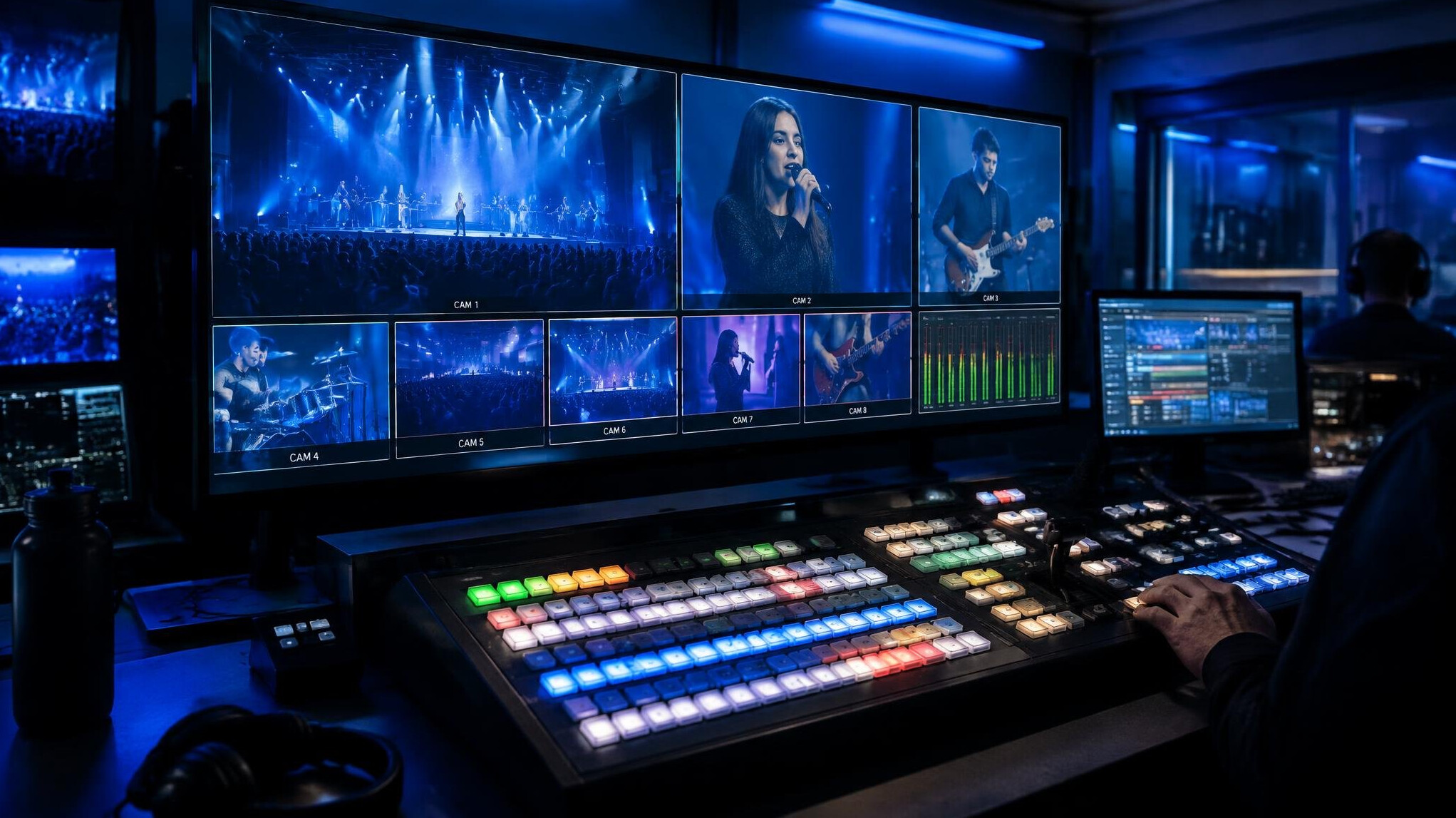Broadcast control room with a large multiview monitor showing several live camera feeds